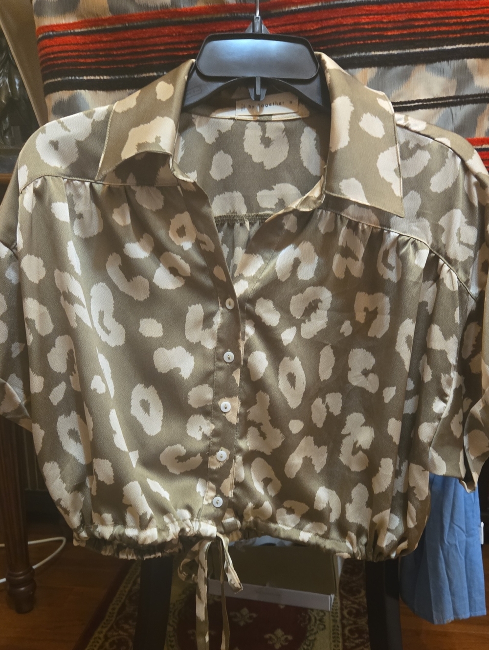 By Together Taupe and Cream Animal Print Button-Front Tie-Hem Shirt